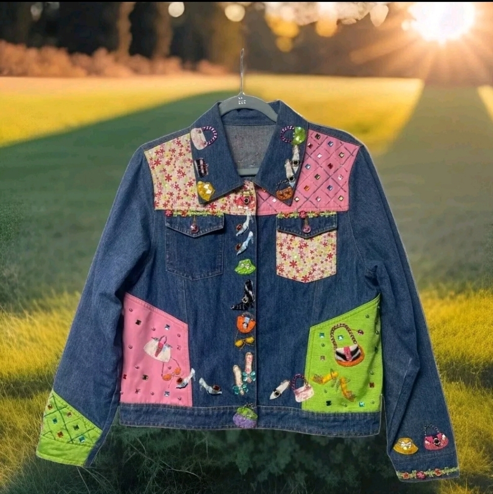 Handmade Womens Sz L Denim Jacket With Colorful Embellishments eclectic